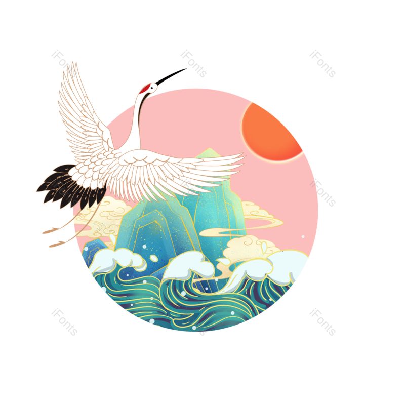 装饰图片,中国风元素,仙鹤PNG,波浪免抠素材